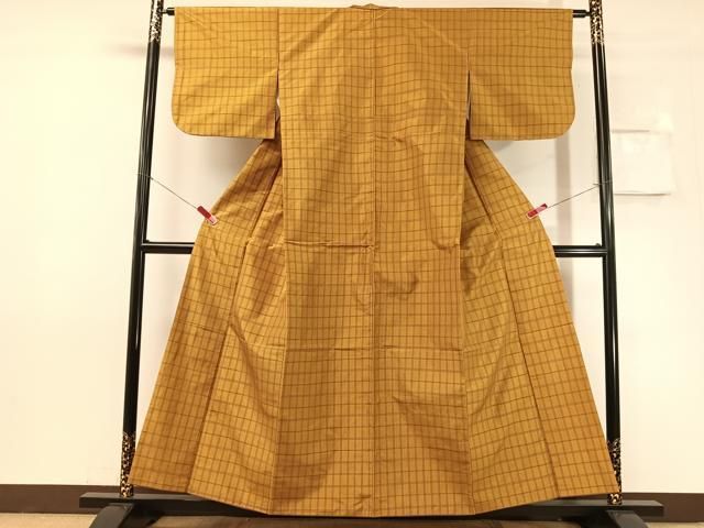 平和屋着物●本場黄八丈 平織 紬 格子柄 正絹 逸品 CABN6329vp