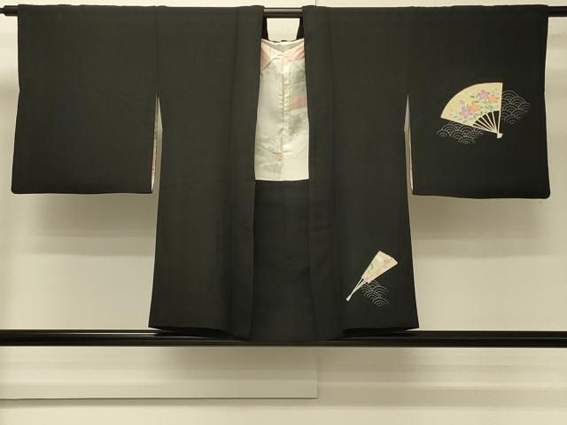 平和屋着物#羽織 青海波扇面草花文 黒地 正絹 逸品 CABN6927in