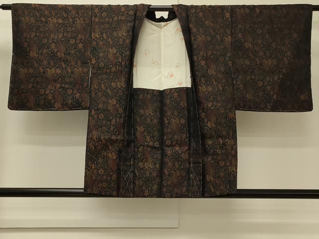 平和屋着物#羽織 お召地 飛鶴草花文 黒地 正絹 逸品 未使用 CABN6928in
