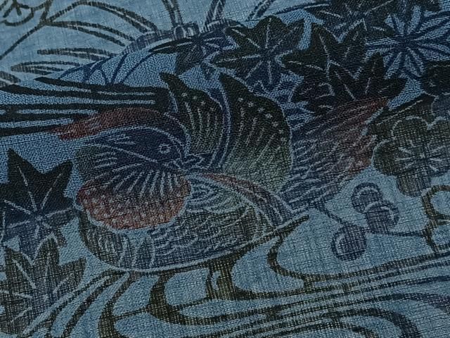 平和屋着物*夏物 小紋 紗 型染め 流水鴛鴦花文 洗える着物 CABN7000xi