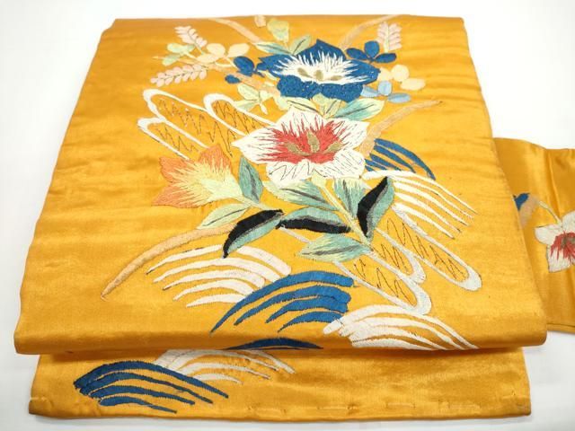 平和屋着物●アンティーク 大正ロマン 九寸名古屋帯 総手刺繍 枝花文 金糸 正絹 逸品 CABN8002hy