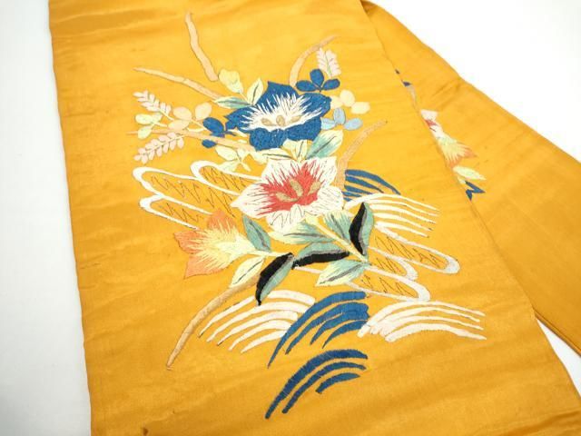 平和屋着物●アンティーク 大正ロマン 九寸名古屋帯 総手刺繍 枝花文 金糸 正絹 逸品 CABN8002hy