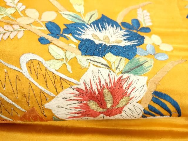 平和屋着物●アンティーク 大正ロマン 九寸名古屋帯 総手刺繍 枝花文 金糸 正絹 逸品 CABN8002hy