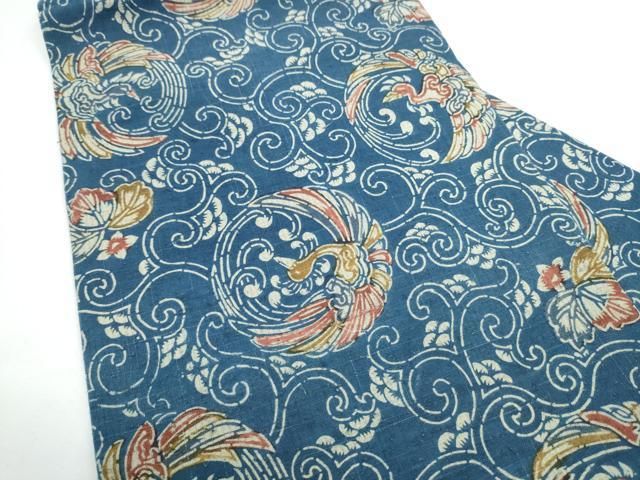 平和屋着物●全通柄 九寸名古屋帯 紬地 型染め 鳳凰唐草文 正絹 逸品 CABN8019hy