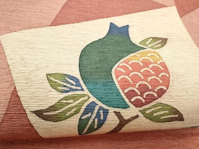 平和屋着物●九寸名古屋帯 紬地 型染め 色紙重ね枝花文 正絹 逸品 CABN8035hy