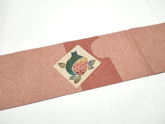 平和屋着物●九寸名古屋帯 紬地 型染め 色紙重ね枝花文 正絹 逸品 CABN8035hy