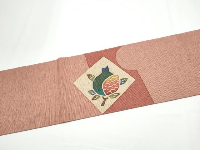 平和屋着物●九寸名古屋帯 紬地 型染め 色紙重ね枝花文 正絹 逸品 CABN8035hy