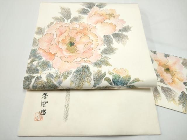 平和屋着物●塩瀬 九寸名古屋帯 作家物 枝牡丹 金彩 正絹 逸品 CABN8060hy
