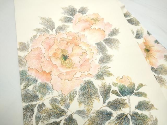 平和屋着物●塩瀬 九寸名古屋帯 作家物 枝牡丹 金彩 正絹 逸品 CABN8060hy