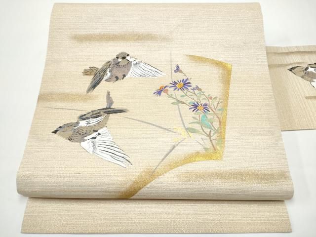 平和屋着物●九寸名古屋帯 手描き 花鳥文 金糸 正絹 逸品 CABN8065hy