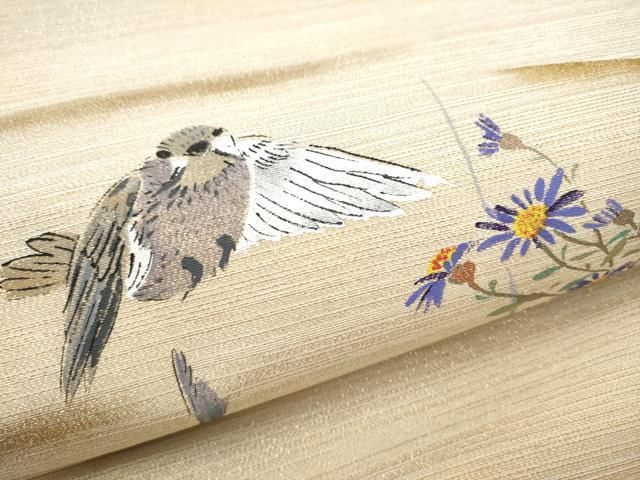 平和屋着物●九寸名古屋帯 手描き 花鳥文 金糸 正絹 逸品 CABN8065hy