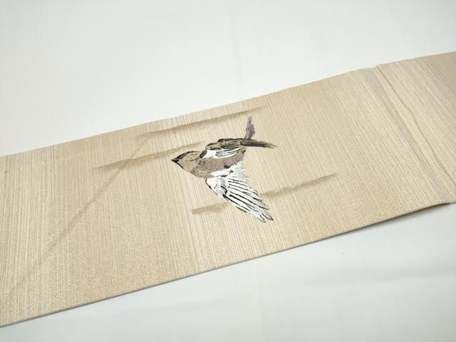 平和屋着物●九寸名古屋帯 手描き 花鳥文 金糸 正絹 逸品 CABN8065hy