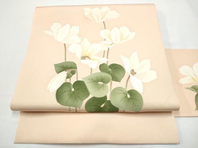 平和屋着物●塩瀬 九寸名古屋帯 ろうけつ染 枝花文 正絹 逸品 CABN8071hy