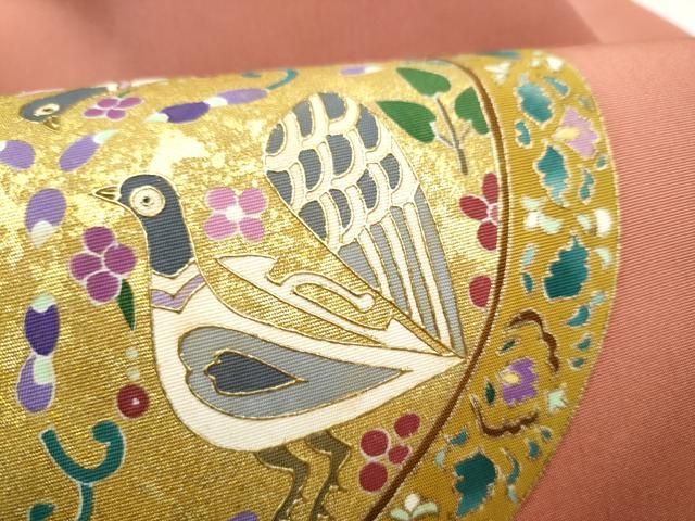 平和屋着物●塩瀬 九寸名古屋帯 絵皿花鳥文 金彩 正絹 逸品 CABN8072hy