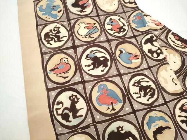 平和屋着物●塩瀬 九寸名古屋帯 ろうけつ染 動物丸文 正絹 逸品 CABN8075hy