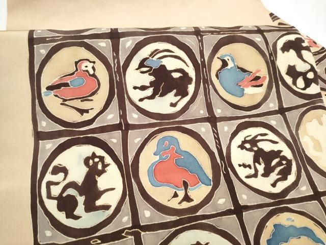 平和屋着物●塩瀬 九寸名古屋帯 ろうけつ染 動物丸文 正絹 逸品 CABN8075hy