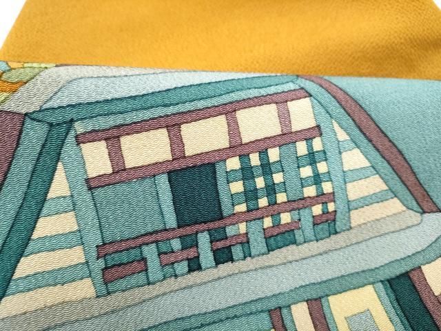 平和屋着物●九寸名古屋帯 ろうけつ染 風景文 鬼しぼ縮緬 正絹 逸品 CABN8076hy