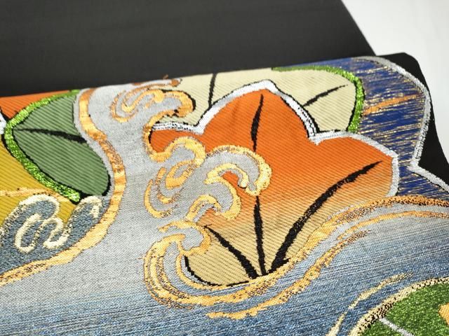 平和屋着物●六通柄 本袋帯 竜田川 黒地 金糸 正絹 逸品 CABN8157hy