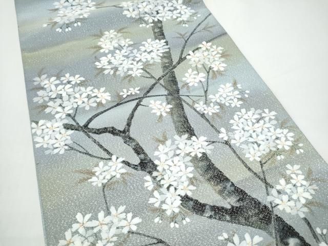 平和屋着物●六通柄袋帯 手描き 綴れ 枝桜文 銀糸 正絹 逸品 CABN8175hy