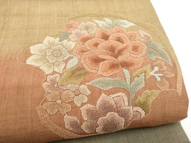 平和屋着物●中国三大刺繍 総相良刺繍 太鼓柄袋帯 紬地 花丸文 正絹 逸品 CABN8181hy