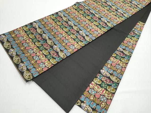 平和屋着物●六通柄袋帯 幾何学文様 黒地 金糸 正絹 逸品 CABN8191hy