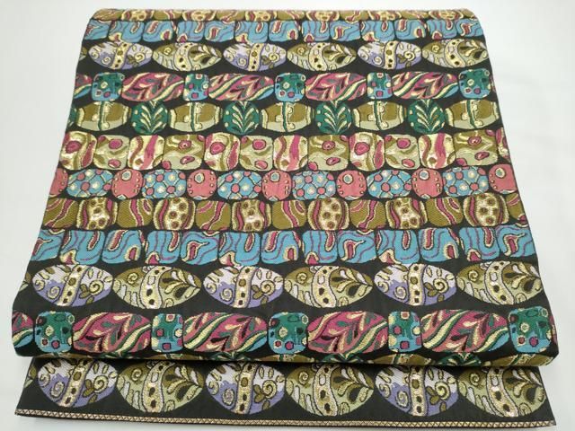 平和屋着物●六通柄袋帯 幾何学文様 黒地 金糸 正絹 逸品 CABN8191hy