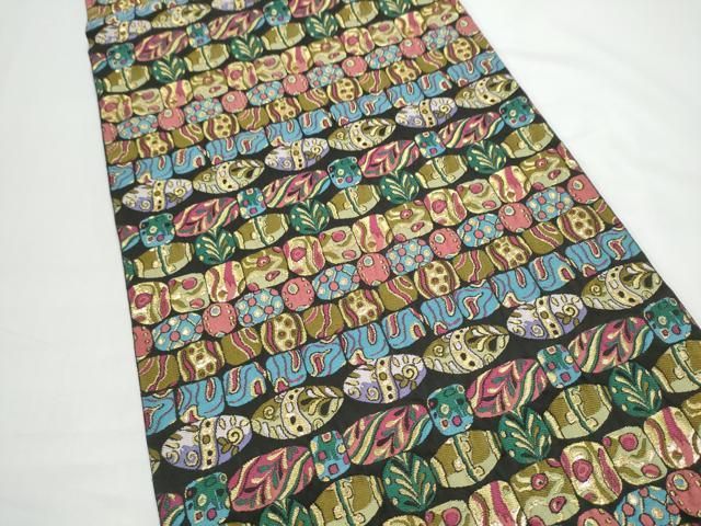 平和屋着物●六通柄袋帯 幾何学文様 黒地 金糸 正絹 逸品 CABN8191hy