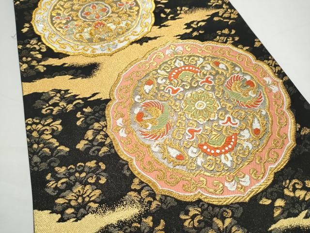 平和屋着物●西陣の名門 加納幸謹製 六通柄袋帯 唐織 絵皿花鳥文 黒地 金銀糸 正絹 逸品 CABN8212hy