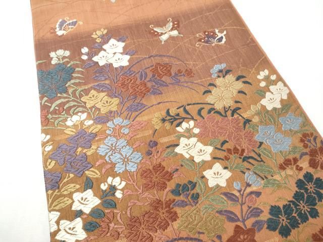 平和屋着物●六通柄袋帯 唐織 花苑秋草飛蝶文 金糸 三越扱い 正絹 逸品 CABN8273hy