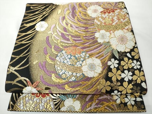平和屋着物●六通柄袋帯 乱菊 黒地 金糸 正絹 逸品 CABN8274hy