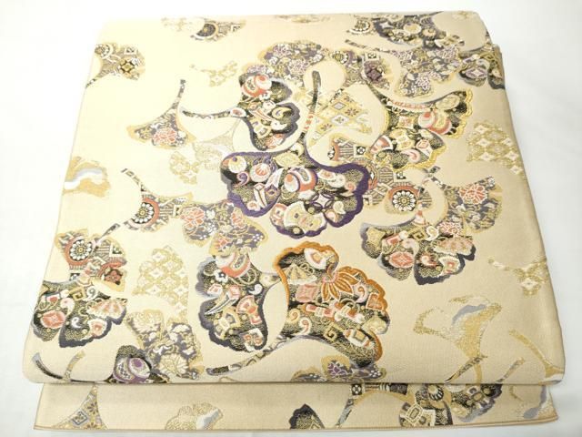 平和屋着物●全通柄袋帯 宝尽くし舞葉文 金糸 正絹 逸品 CABN8288hy