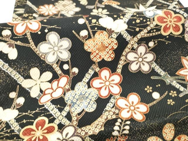 平和屋着物●全通柄袋帯 草花文 黒地 金彩 正絹 逸品 CABN8297hy