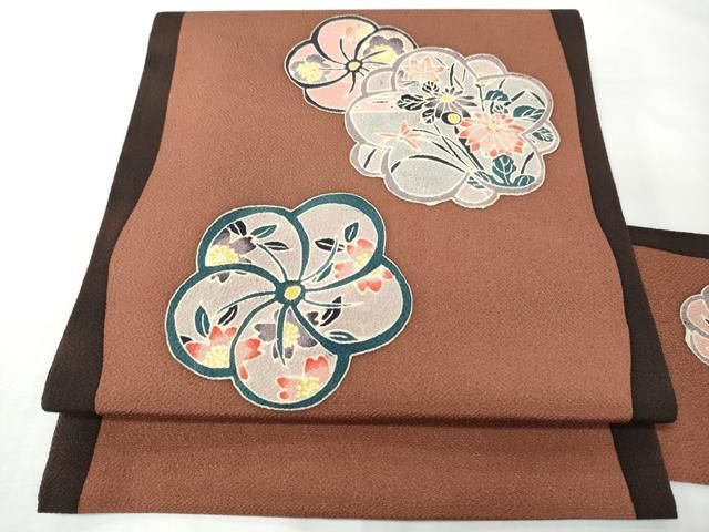 平和屋着物●九寸名古屋帯 作家物 型染め 舞花文 鬼しぼ縮緬 正絹 逸品 CABN8313hy