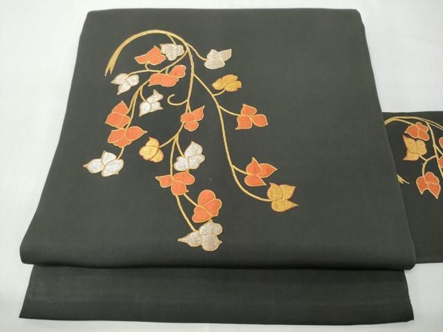 平和屋着物●塩瀬 九寸名古屋帯 総刺繍 駒刺繍 枝葉文 黒地 金糸 正絹 逸品 CABN8328hy