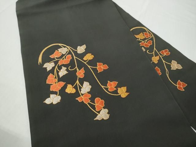 平和屋着物●塩瀬 九寸名古屋帯 総刺繍 駒刺繍 枝葉文 黒地 金糸 正絹 逸品 CABN8328hy