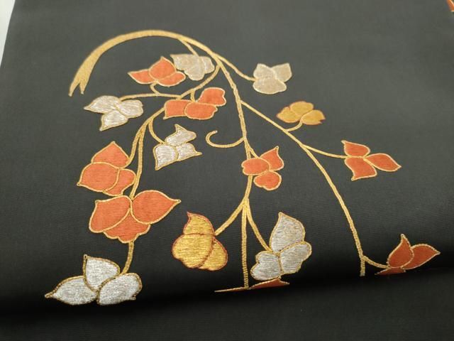 平和屋着物●塩瀬 九寸名古屋帯 総刺繍 駒刺繍 枝葉文 黒地 金糸 正絹 逸品 CABN8328hy