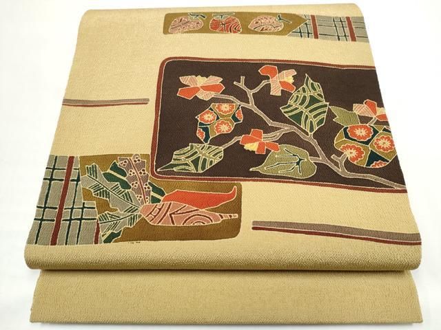 平和屋着物●九寸開き名古屋帯 成物 枝花文 鬼しぼ縮緬 正絹 逸品 CABN8358hy