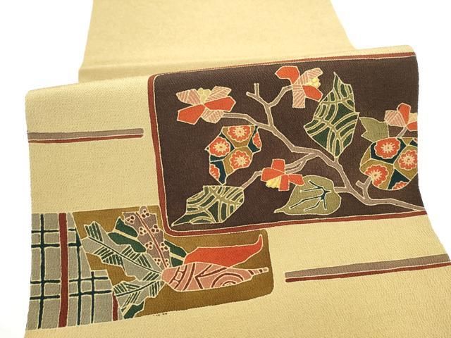 平和屋着物●九寸開き名古屋帯 成物 枝花文 鬼しぼ縮緬 正絹 逸品 CABN8358hy