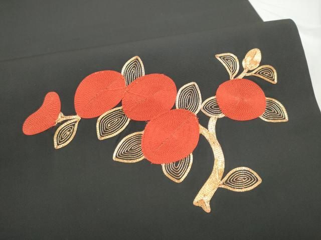 平和屋着物●塩瀬 九寸開き名古屋帯 総刺繍 駒刺繍 枝花文 黒地 正絹 逸品 CABN8378hy