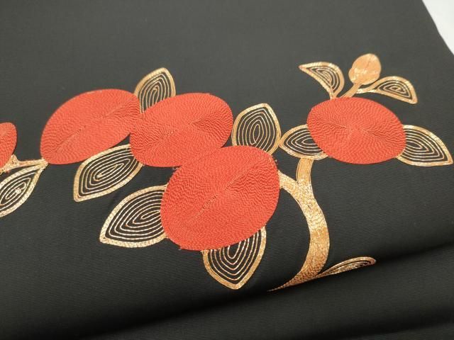 平和屋着物●塩瀬 九寸開き名古屋帯 総刺繍 駒刺繍 枝花文 黒地 正絹 逸品 CABN8378hy