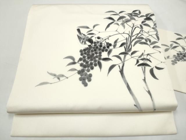 平和屋着物●塩瀬 九寸名古屋帯 手描き 休み鳥葡萄枝葉文 正絹 逸品 CABN8385hy