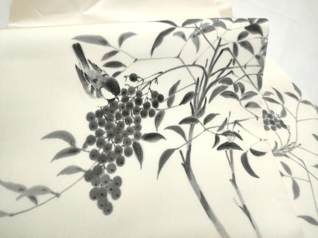 平和屋着物●塩瀬 九寸名古屋帯 手描き 休み鳥葡萄枝葉文 正絹 逸品 CABN8385hy