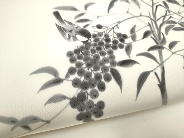 平和屋着物●塩瀬 九寸名古屋帯 手描き 休み鳥葡萄枝葉文 正絹 逸品 CABN8385hy