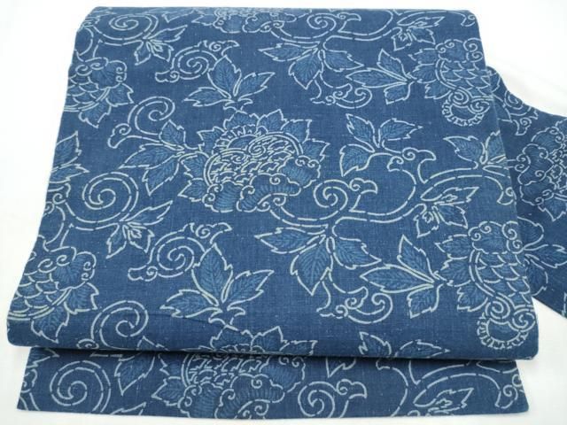 平和屋着物●全通柄 九寸名古屋帯 紬地 藍 更紗花文 正絹 逸品 CABN8390hy