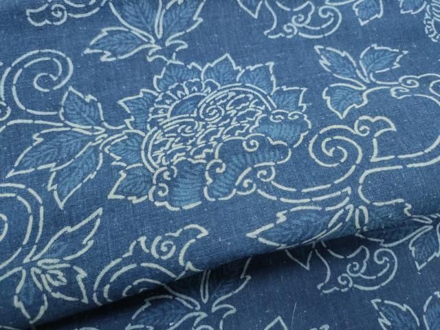 平和屋着物●全通柄 九寸名古屋帯 紬地 藍 更紗花文 正絹 逸品 CABN8390hy
