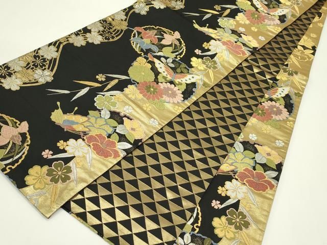 平和屋着物●両面 全通柄袋帯 唐織 雪輪花蝶文 黒地 金銀糸 正絹 逸品 CABN8681rv