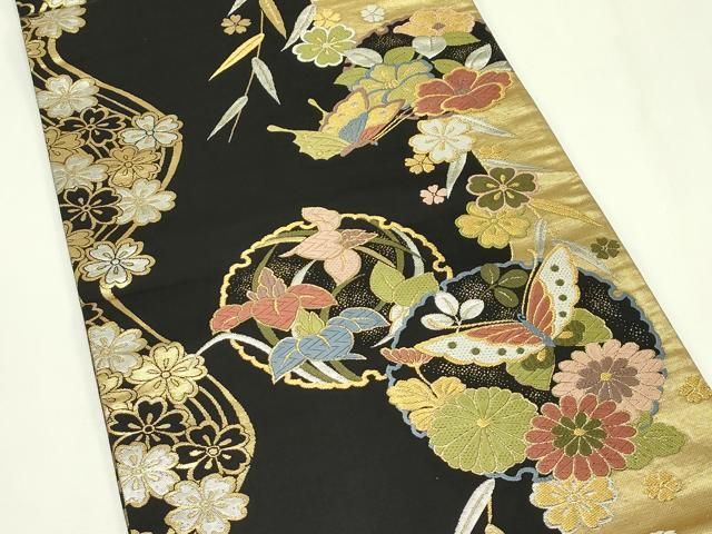 平和屋着物●両面 全通柄袋帯 唐織 雪輪花蝶文 黒地 金銀糸 正絹 逸品 CABN8681rv