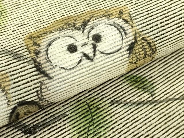 平和屋着物●両面 太鼓柄袋帯 紙布 手描き 梟 金糸 正絹 逸品 未使用 CABN8684rv