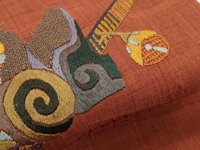 平和屋着物●太鼓柄袋帯 紬地 総刺繍 中国三大刺繍 スワトウ刺繍 玩具文 正絹 逸品 未使用 CABN8693rv