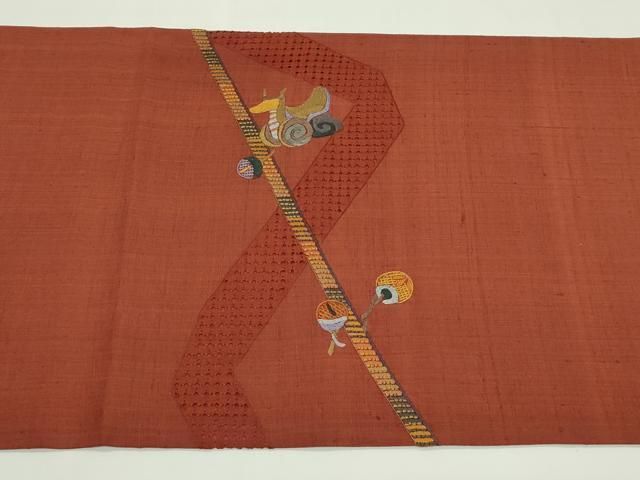 平和屋着物●太鼓柄袋帯 紬地 総刺繍 中国三大刺繍 スワトウ刺繍 玩具文 正絹 逸品 未使用 CABN8693rv
